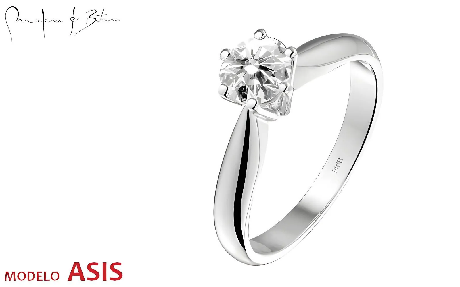 Anillo solitario en oro blanco con piedra central engastada en seis garras y banda lisa curva