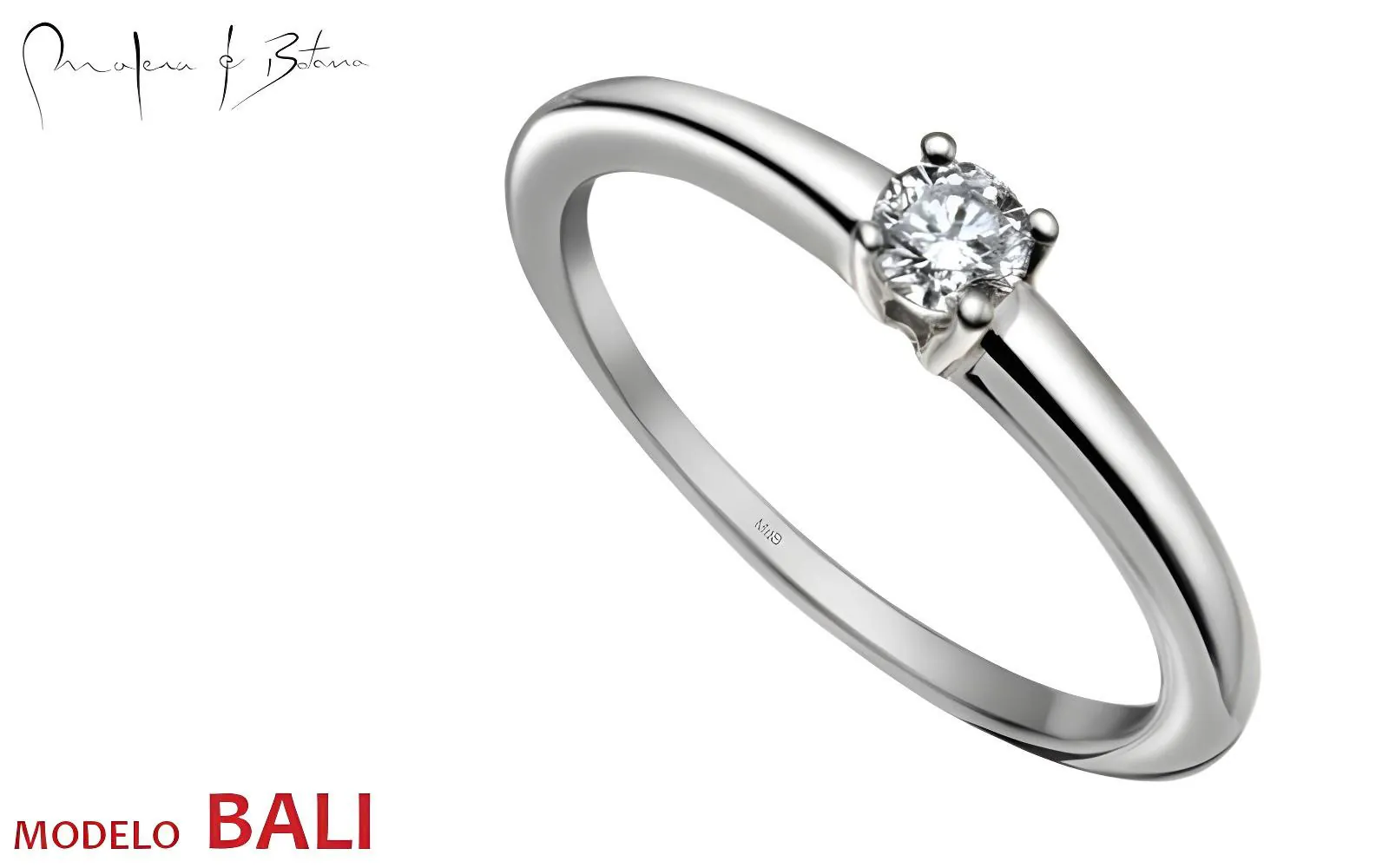 Anillo solitario clásico en oro blanco con piedra central y banda sencilla pulida