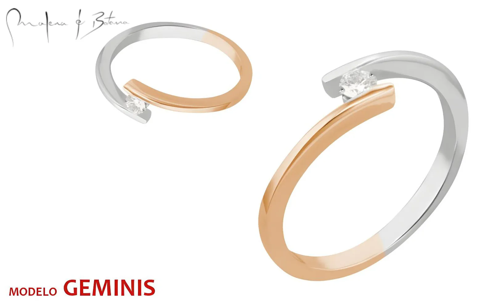 Anillo de oro blanco y rosa con una piedra solitaria montada en tensión