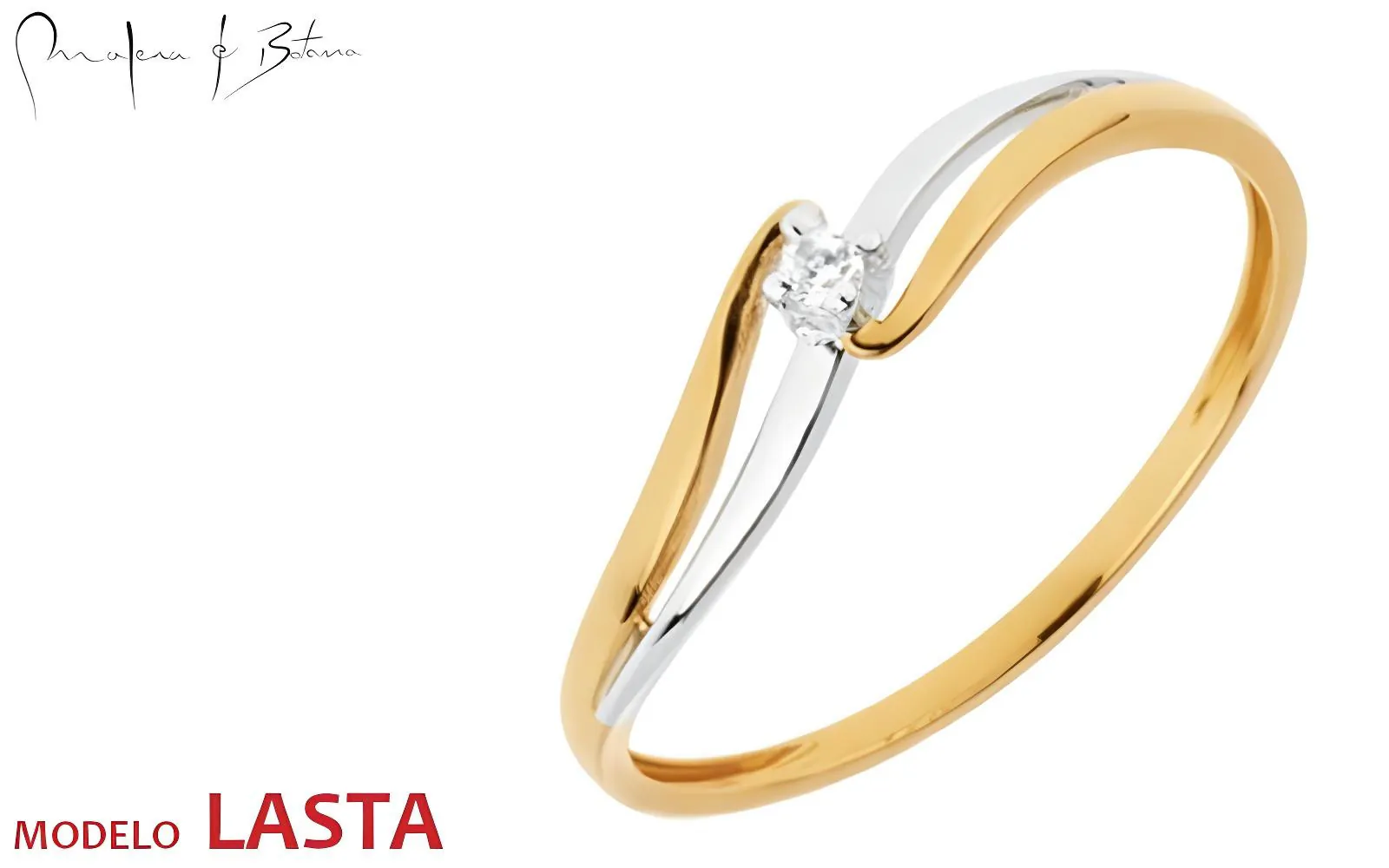 Anillo bicolor en oro amarillo y blanco con una piedra solitaria en diseño diagonal