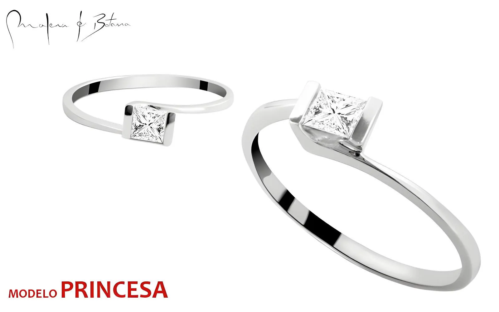 Anillo minimalista en oro blanco con piedra talla princess engastado horizontalmente en diseño asimétrico