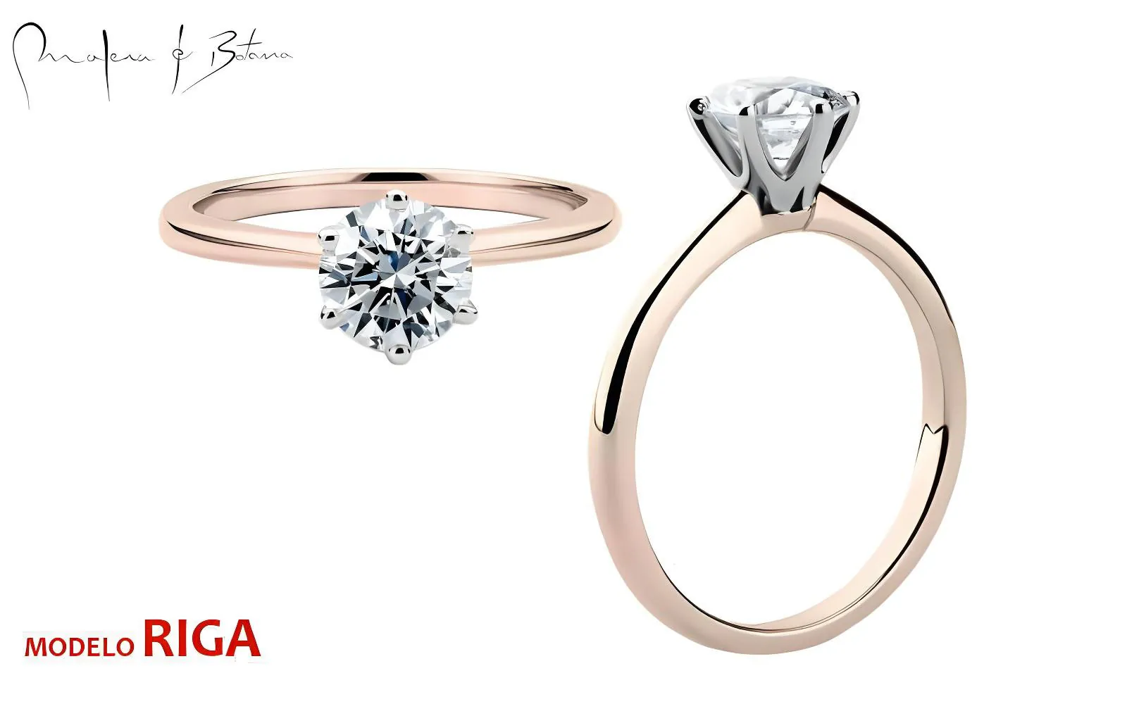 Anillo de compromiso bicolor con banda oro rosa y engaste seis garras oro blanco, modelo Riga contemporáneo