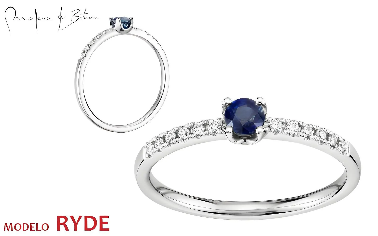 Anillo en oro blanco con piedra azul central en engaste semiabierto y pequeñas piedras blancas en el lateral