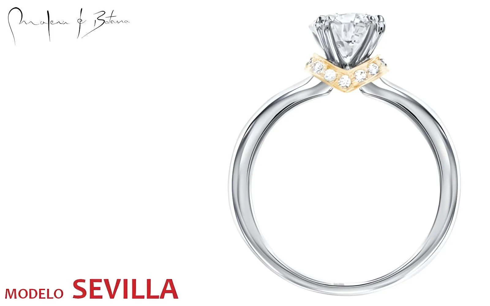 Anillo de compromiso con banda en oro blanco y detalle decorativo en oro amarillo bajo la piedra central