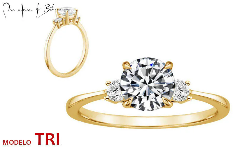 Anillo de Compromiso Three-Stone Lateral Asimétrico Oro Amarillo 18K Modelo TRI — Joyería Quito