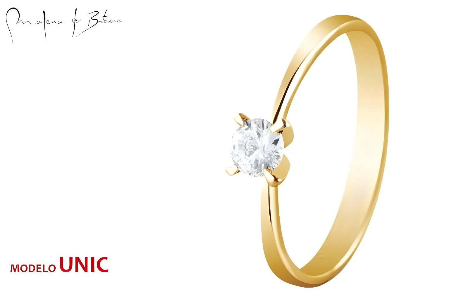 Anillo solitario con piedra redonda en engaste de cuatro garras sobre banda lisa de oro amarillo