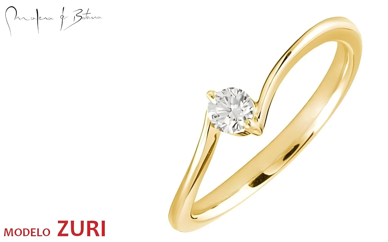 Refinado anillo de compromiso en oro con una piedra solitaria de forma redonda en un engaste diagonal minimalista.