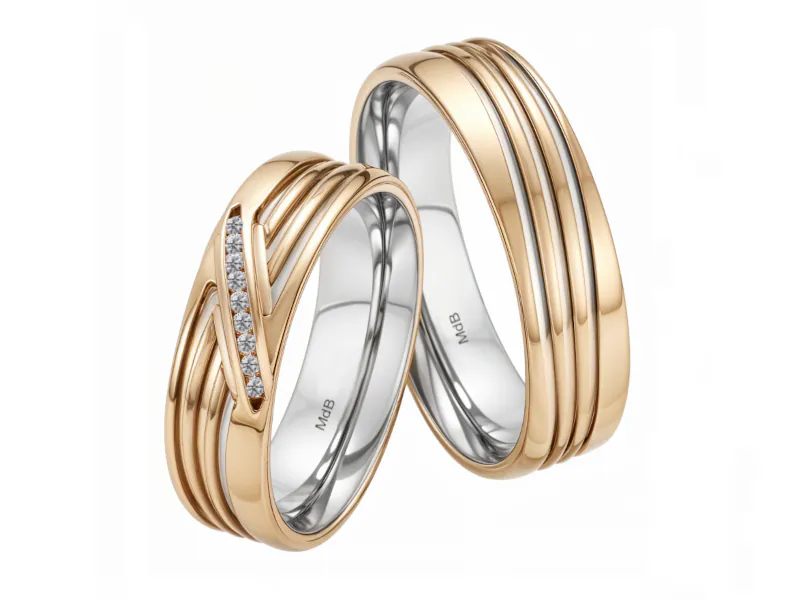 Par de anillos de boda en oro blanco y amarillo con patrón de franjas diagonales. El anillo más pequeño incluye una línea de piedras engastadas.