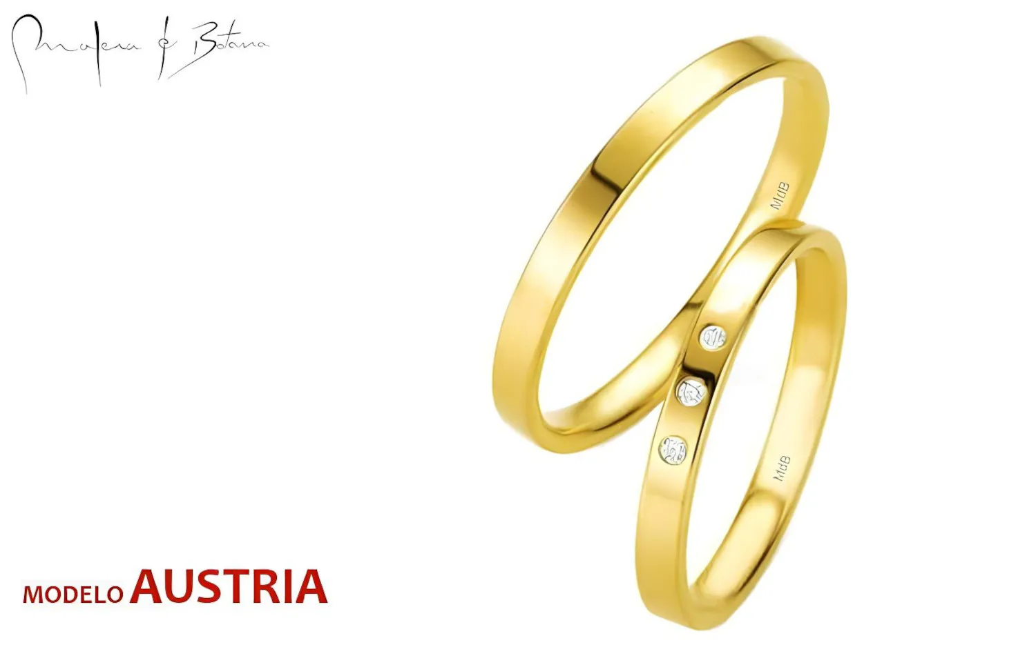 Par de anillos de boda en oro amarillo brillante, uno liso y otro con pequeñas piedras incrustadas