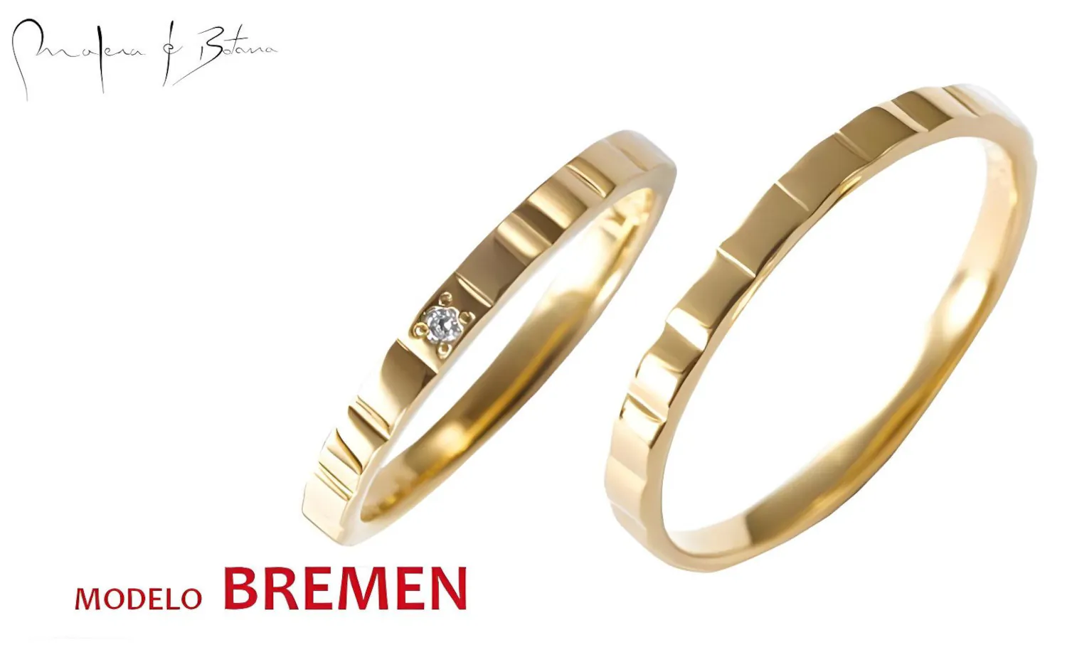  Anillos de matrimonio de oro amarillo con diseño facetado y una piedra. 