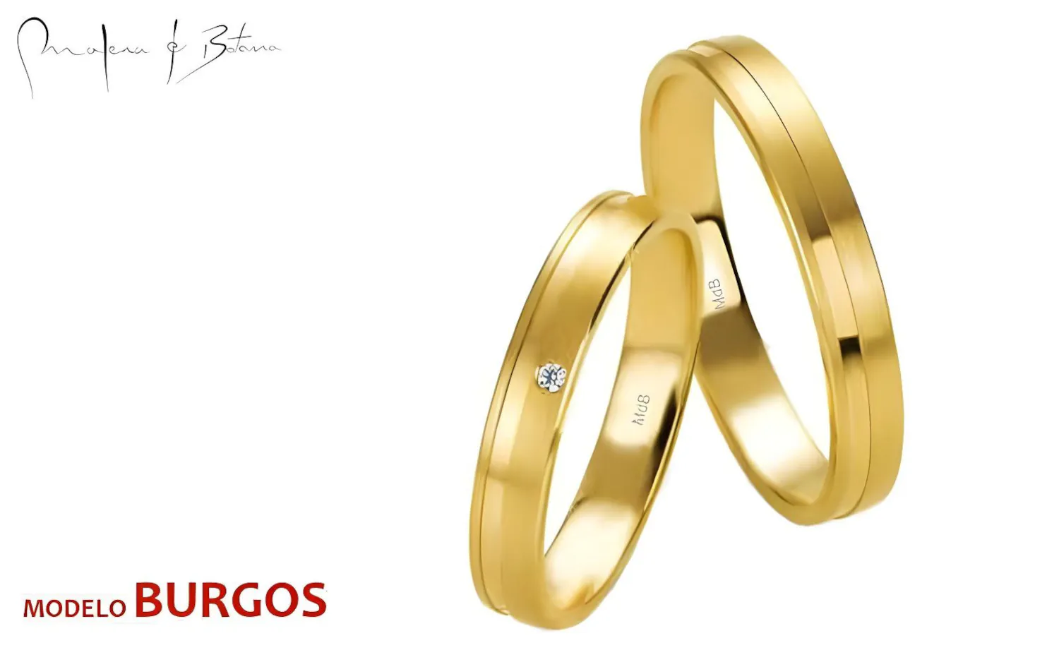Anillos de matrimonio de oro amarillo con diseño clásico y piedra.