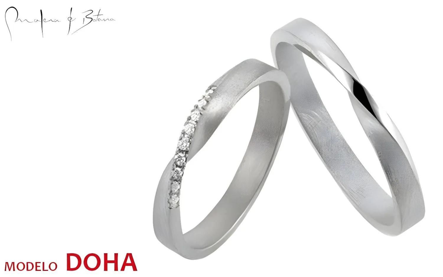 Par de anillos de matrimonio en oro blanco con acabado mate, uno con piedras.