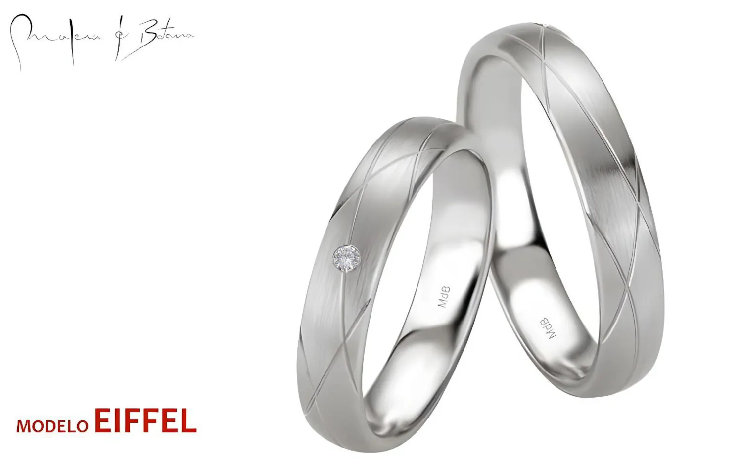 Par de anillos de boda en oro blanco con patrón diagonal y una piedra incrustada en el anillo femenino