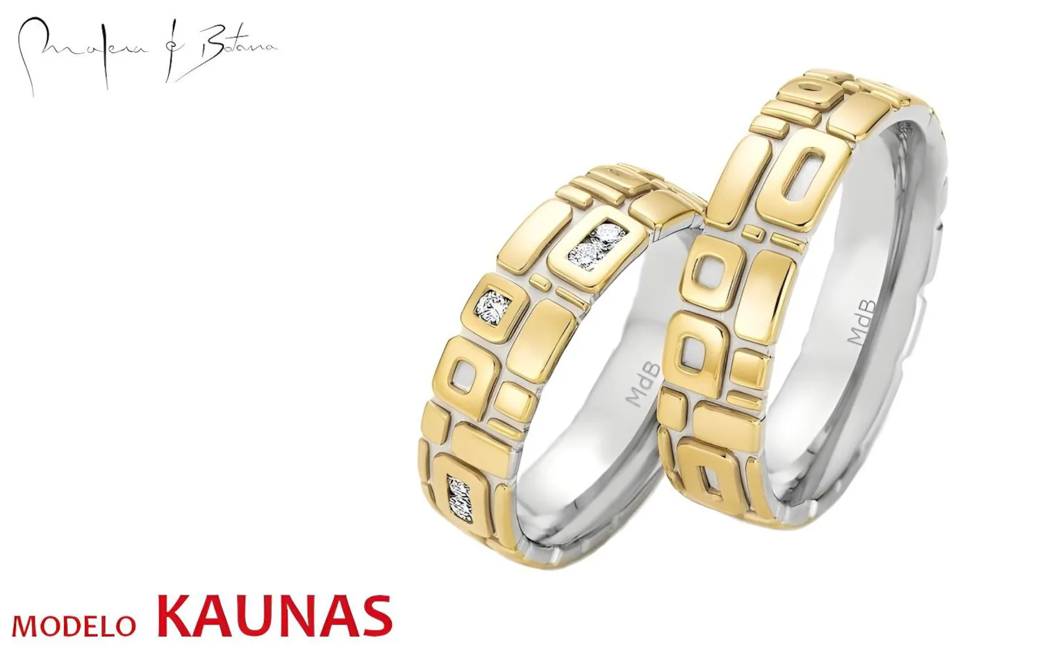 Par de anillos de matrimonio bicolor en oro blanco y amarillo con un diseño geométrico moderno y piedras engastadas.