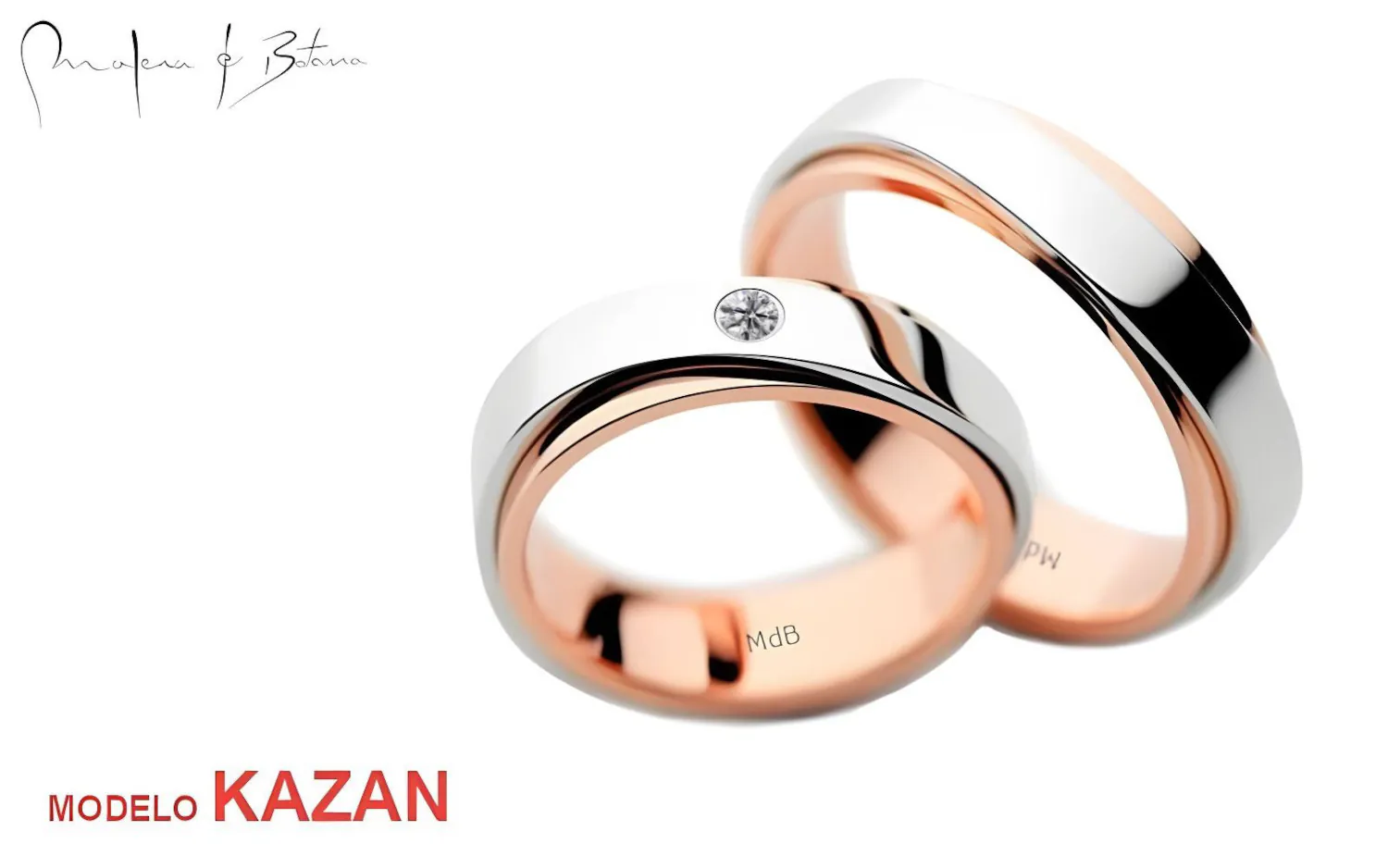 Par de anillos de matrimonio bicolor. El anillo de mujer presenta una banda de oro rosa con una piedra engastada en bisel sobre una superficie de oro blanco. El anillo de hombre es una alianza bicolor de oro rosa y blanco sin piedra.