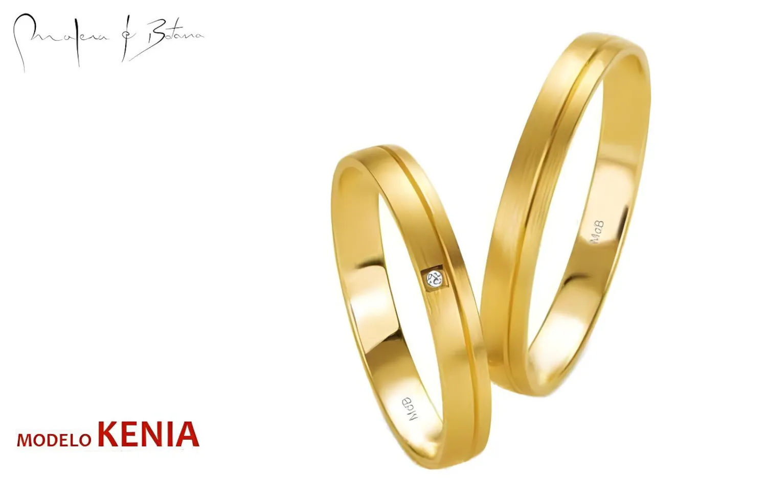 Par de alianzas de matrimonio en oro amarillo. El anillo de mujer presenta una pequeña piedra engastada, mientras que el del hombre luce una superficie lisa. Ambos anillos tienen un acabado satinado y una línea central pulida.