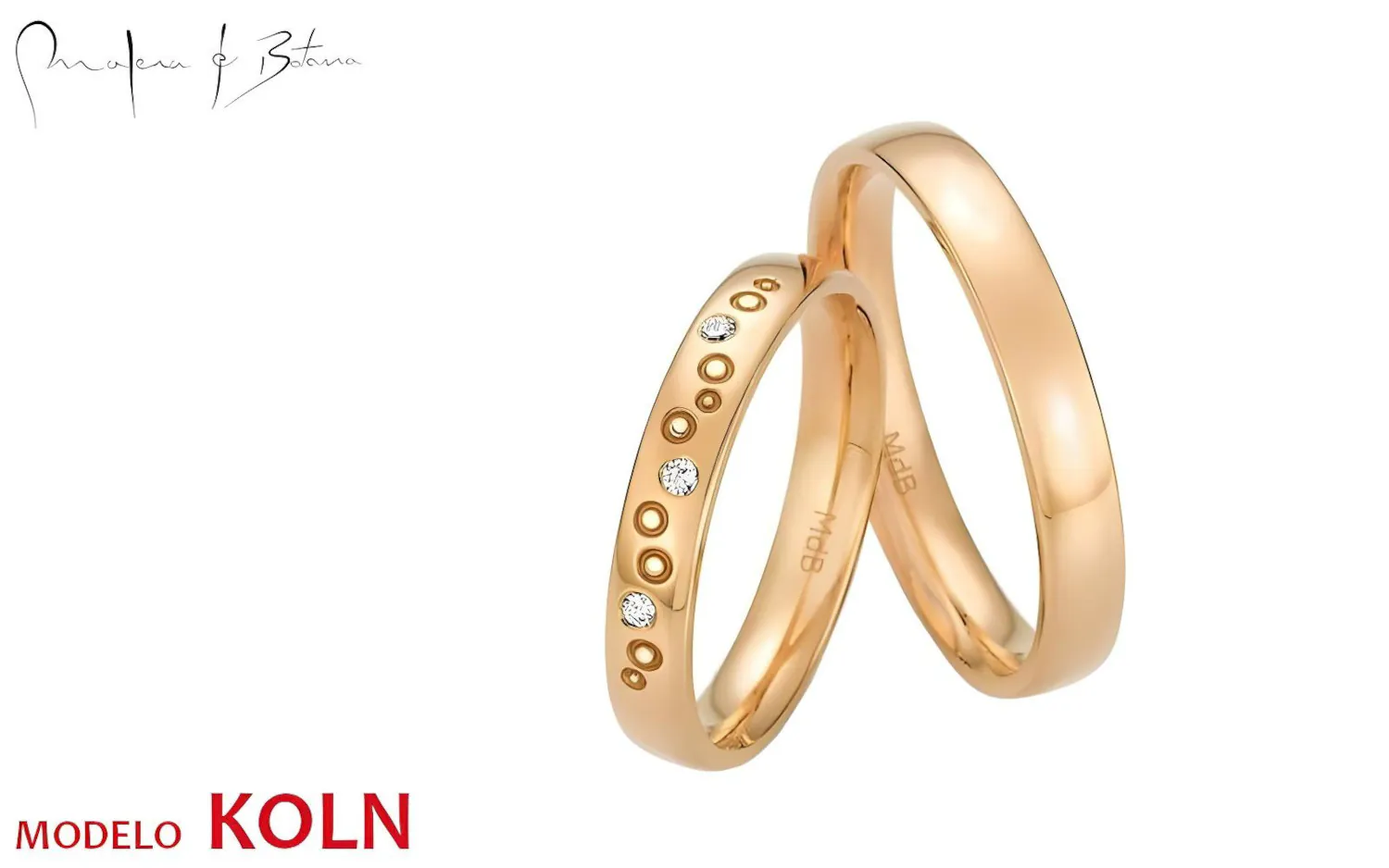 Par de finas alianzas de matrimonio en oro rosa. El anillo de mujer está adornado con una hilera de piedras engastadas en bisel, mientras que el del hombre presenta un diseño liso y pulido.