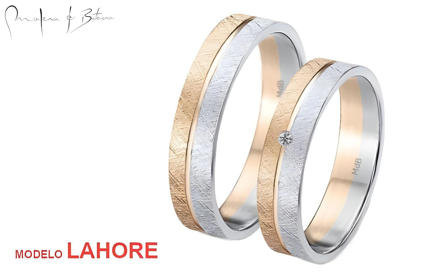 Anillos de matrimonio de oro blanco y oro rosa con una piedra, diseño texturizado y elegante.