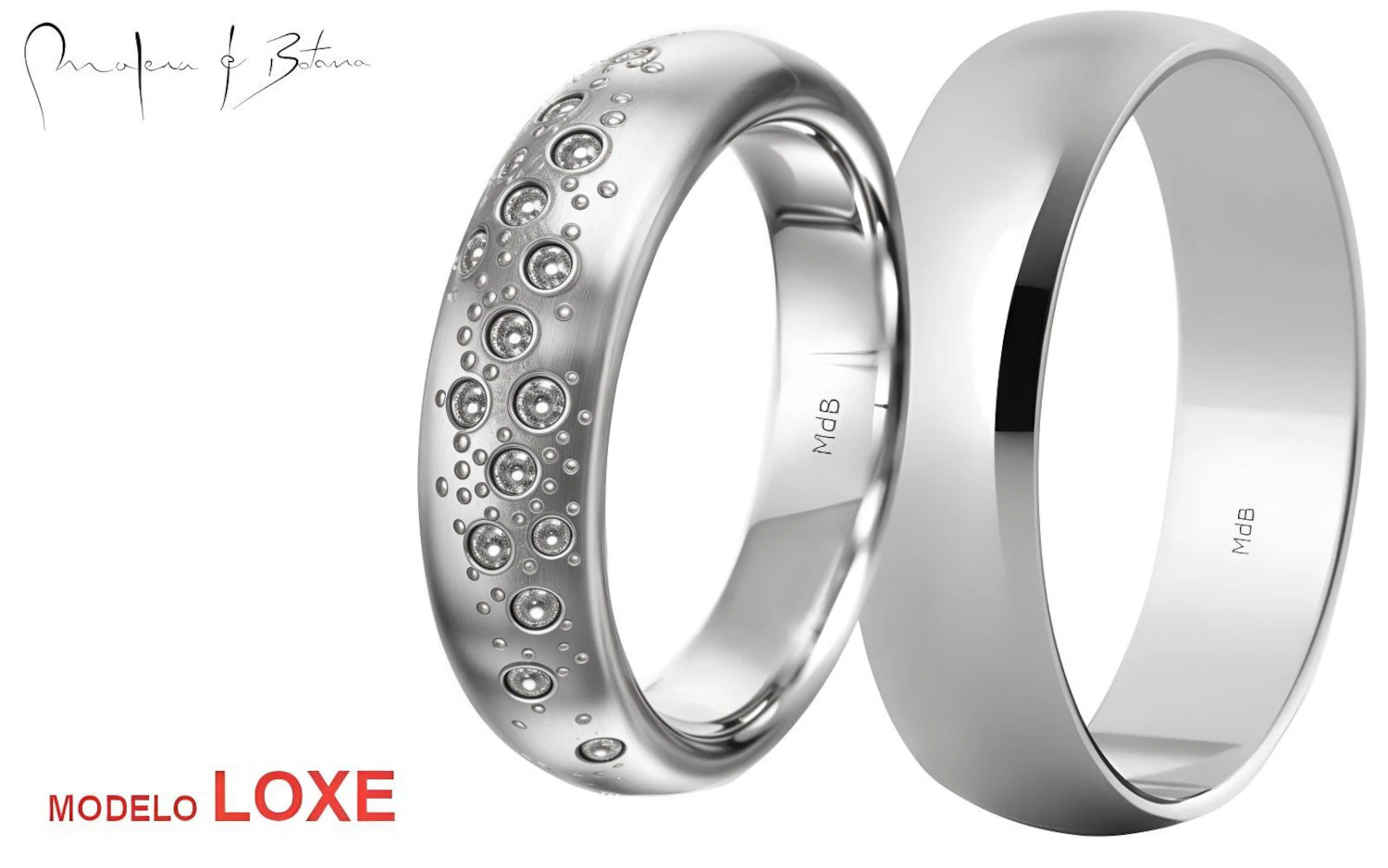 Par de anillos de boda en oro blanco: uno con incrustaciones de piedras en patrón irregular y otro con superficie lisa