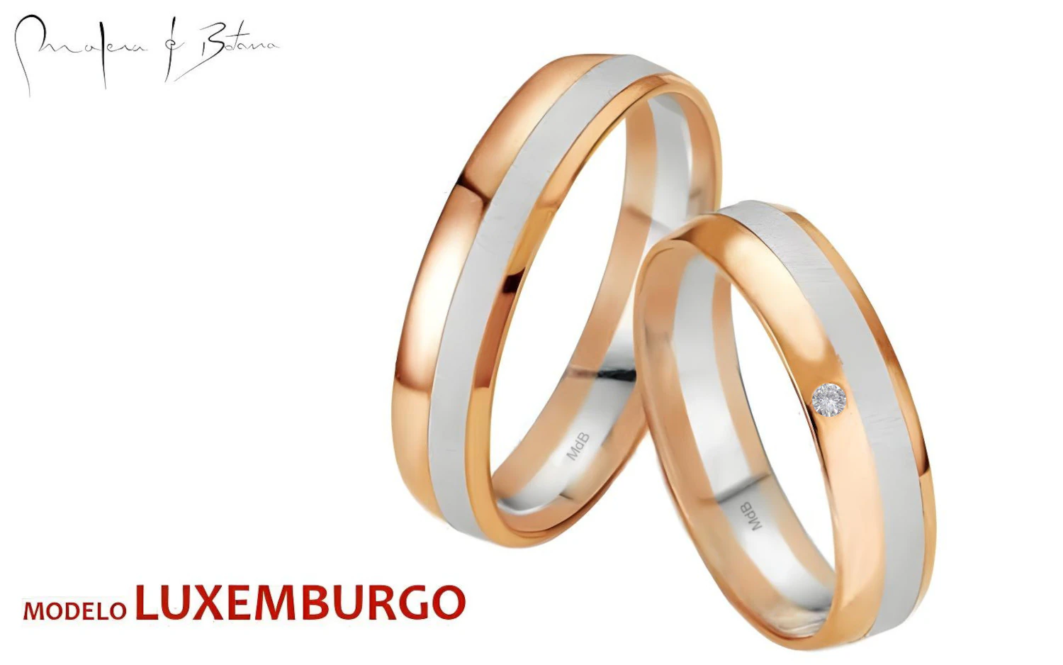 Par de alianzas de matrimonio bicolor en oro rosa y blanco. El anillo de mujer presenta una piedra engastada sobre una banda central mate, mientras que el del hombre luce un diseño bicolor sin piedras.