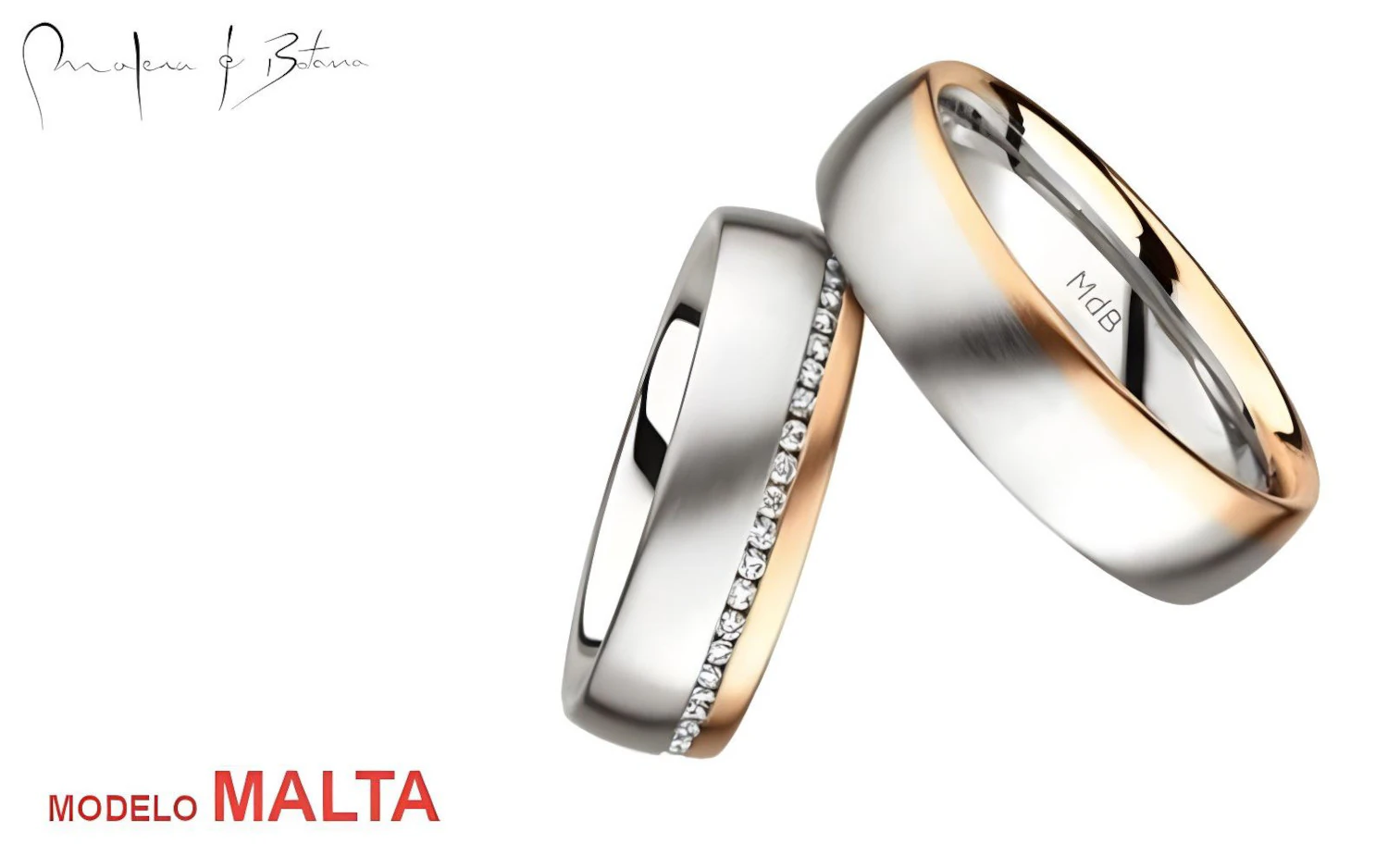 Par de anillos de boda en oro blanco y amarillo, uno con incrustación de piedras