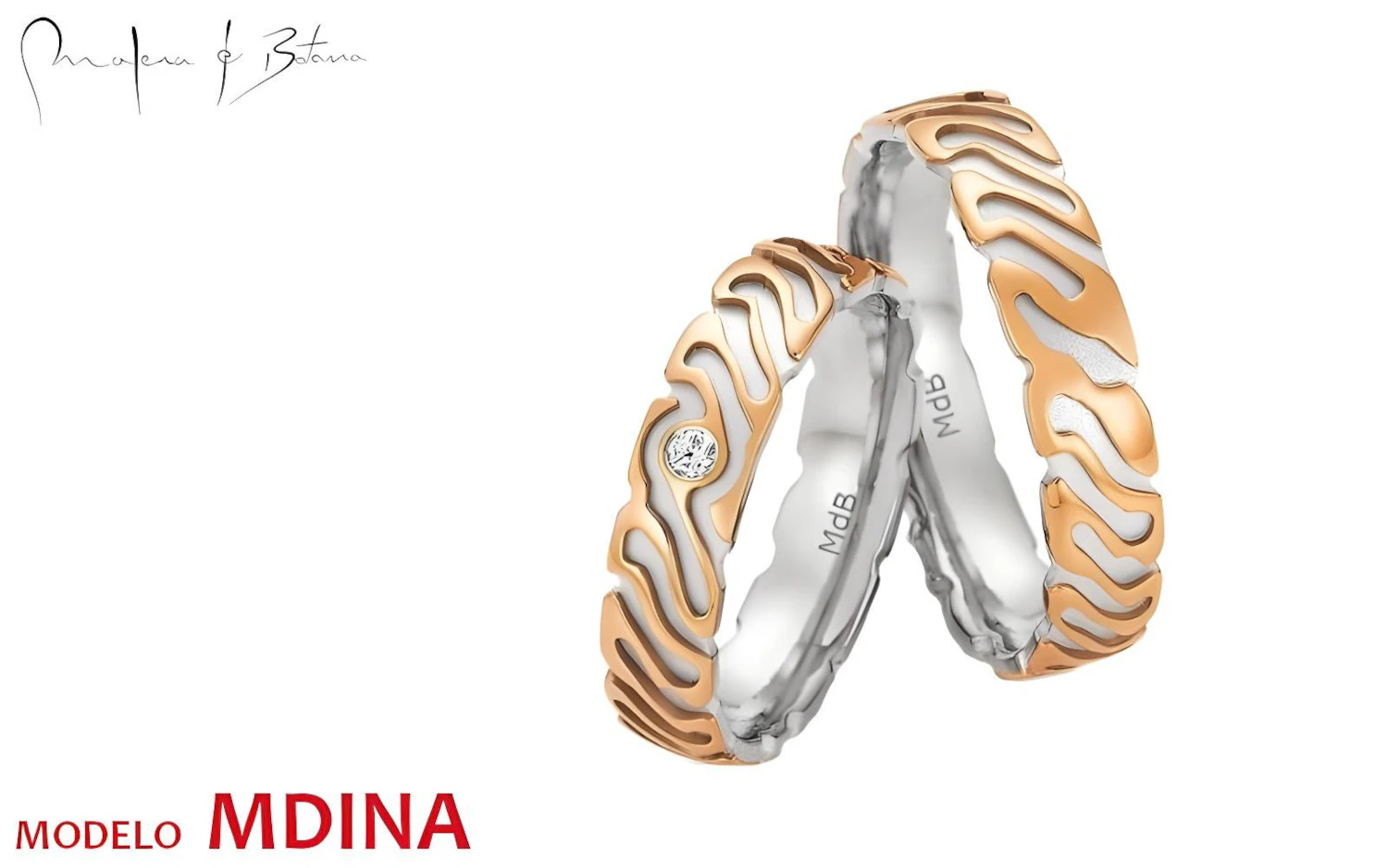 Par de anillos de boda en oro blanco y rosa con patrón ondulado y una piedra incrustada