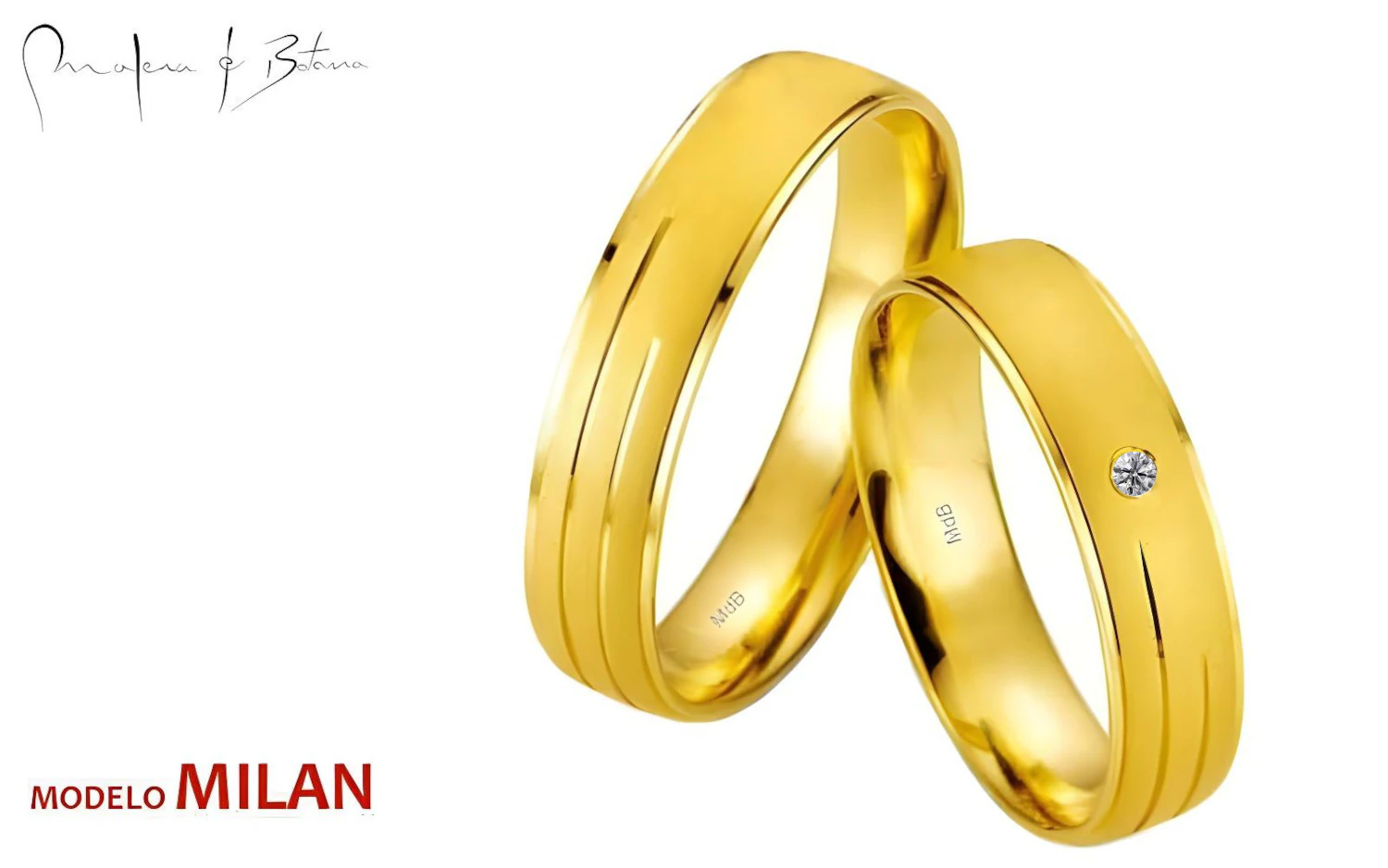 Par de alianzas de matrimonio en oro amarillo. El anillo de mujer presenta una piedra engastada y líneas grabadas, mientras que el del hombre tiene únicamente las líneas grabadas.