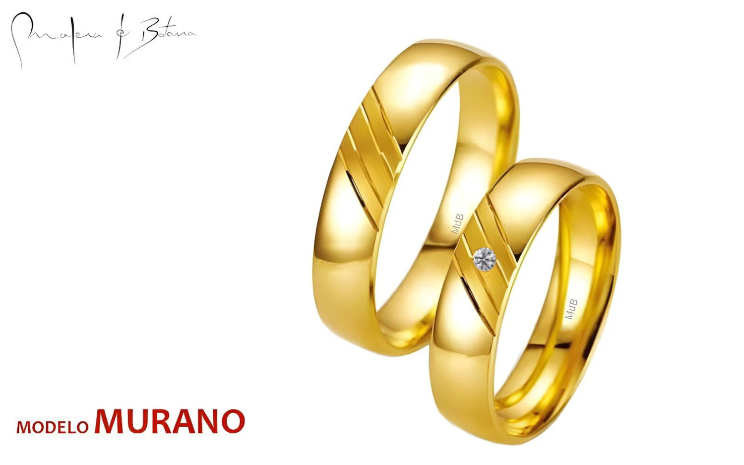 Par de anillos de boda en oro amarillo brillante con ranura diagonal y una piedra incrustada
