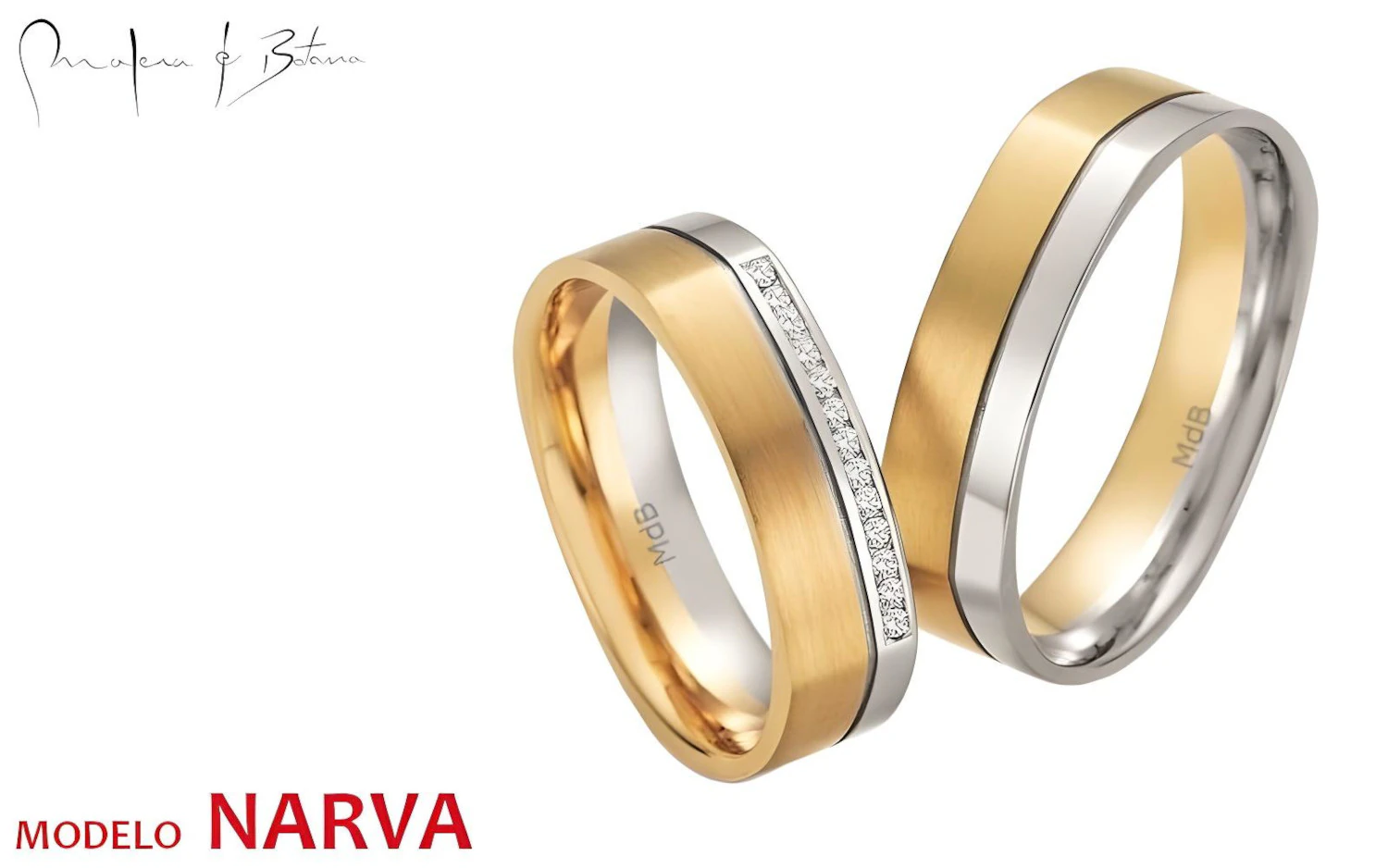 Primer plano de dos anillos de boda bicolor con acabado satinado, el anillo femenino con piedras engastadas