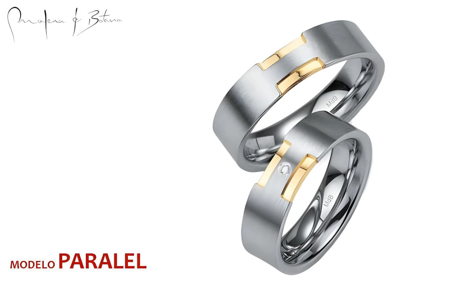 Par de anillos de boda en oro blanco con inserciones geométricas de oro amarillo; el anillo inferior incluye una pequeña piedra