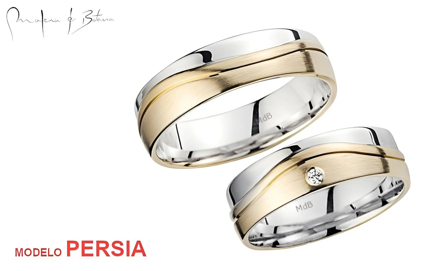 Par de anillos de boda de dos tonos con banda central dorada mate y bordes brillantes en oro blanco. Un anillo incluye una pequeña piedra engastada