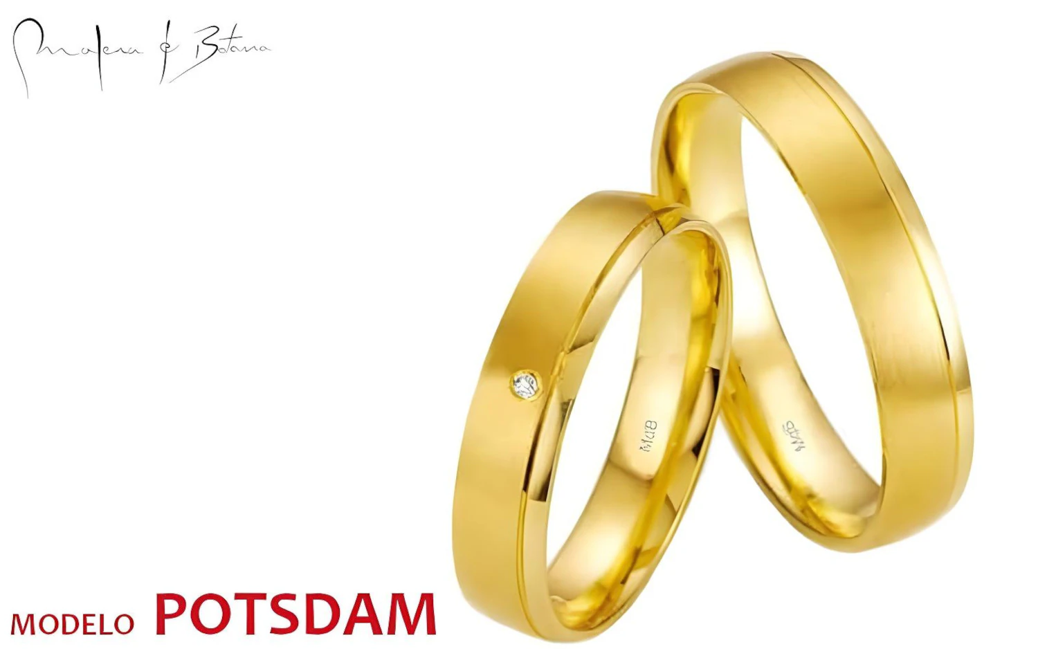 Par de anillos de matrimonio en oro amarillo de 18 quilates. El anillo de mujer presenta una piedra engastada en un diseño clásico de media caña con acabado mate. El anillo de hombre tiene un diseño a juego sin piedra.