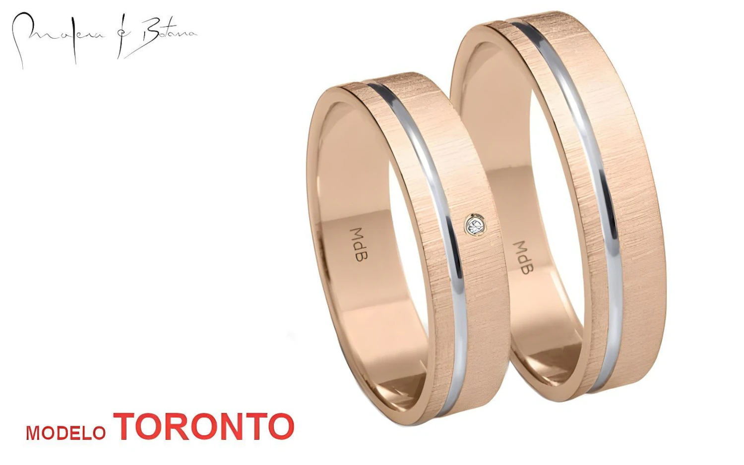 Par de alianzas de matrimonio en oro rosa con línea central de oro blanco. El anillo más pequeño incluye un piedra incrustado.