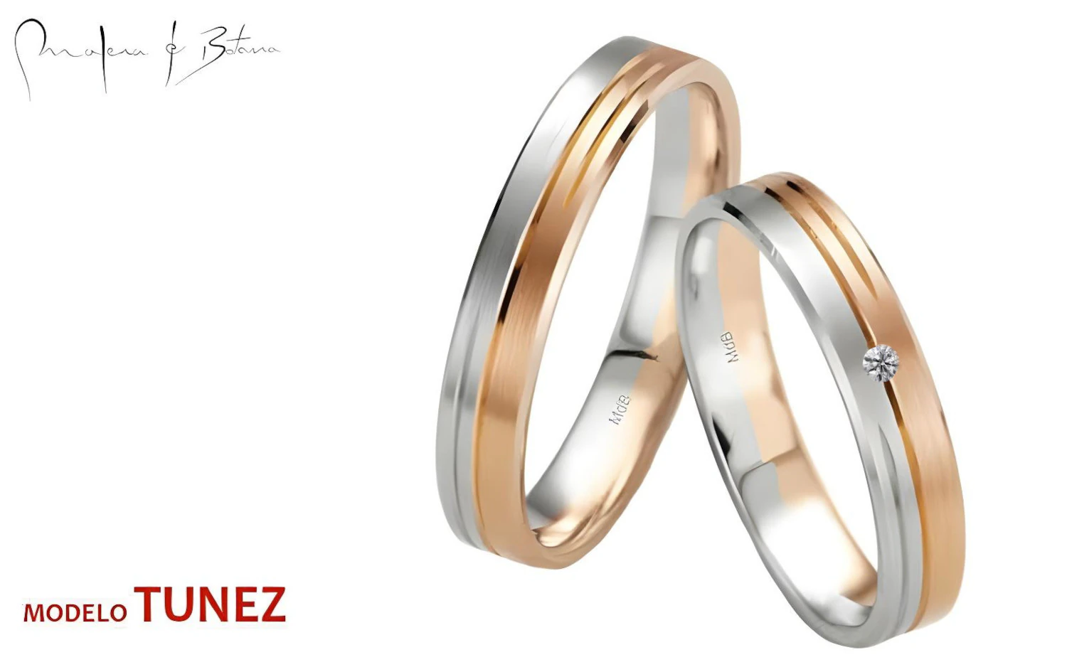 Par de anillos de boda en oro blanco y rosa, con banda central plateada y bordes rosados. El anillo más pequeño incluye una piedra engastada.