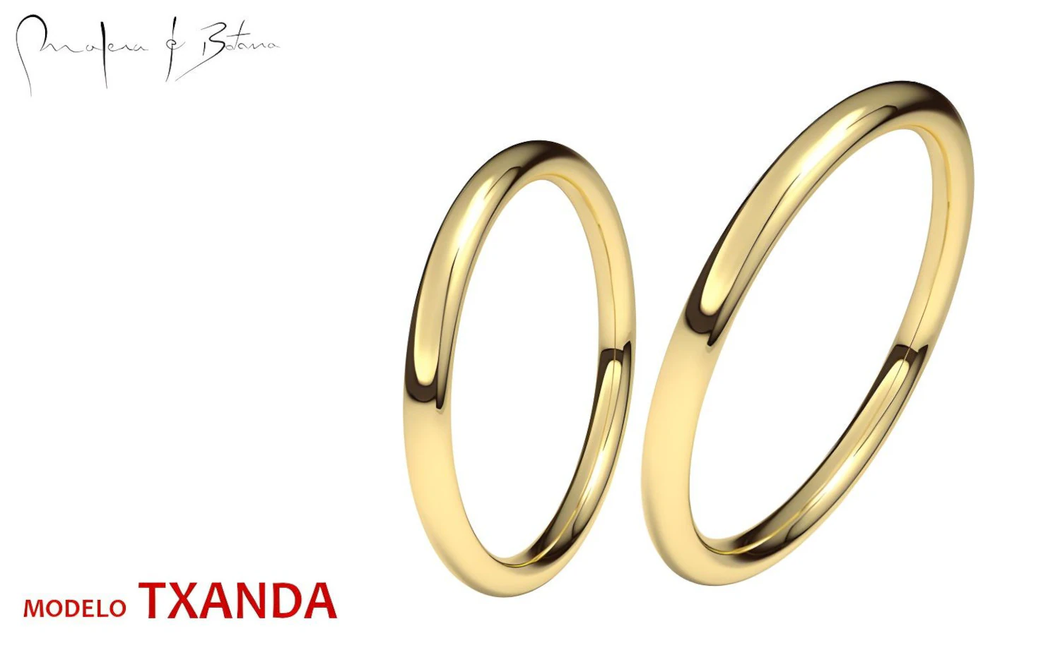 Par de anillos de boda simples en oro amarillo brillante, uno ligeramente más ancho que el otro