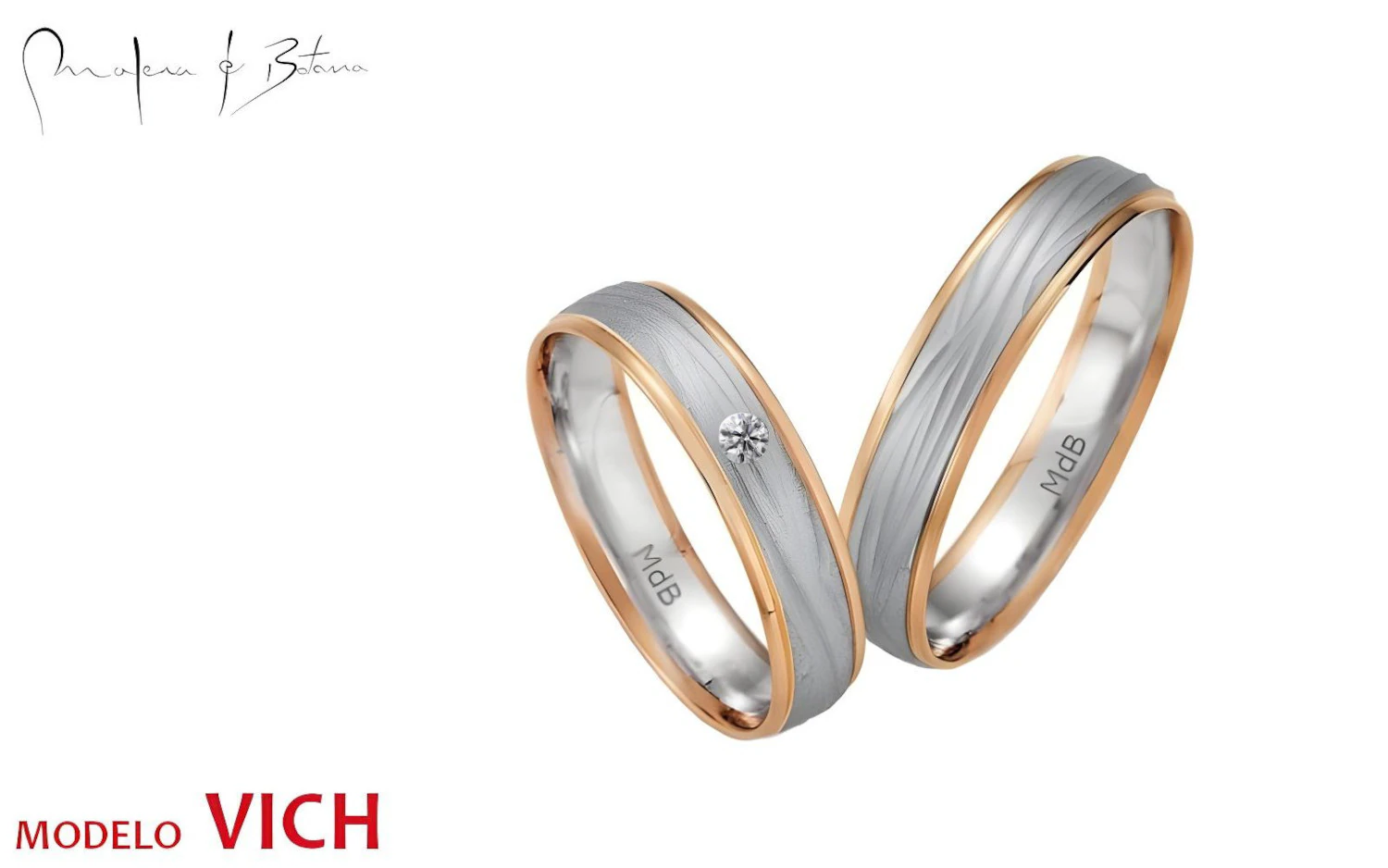 Par de anillos de boda con centro de oro blanco mate y bordes de oro rosa brillante. El anillo más delgado incluye una piedra engastada.