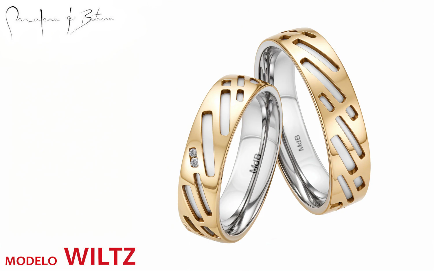 Par de anillos de boda con base de oro blanco y capa exterior de oro amarillo calada con patrón geométrico abstracto