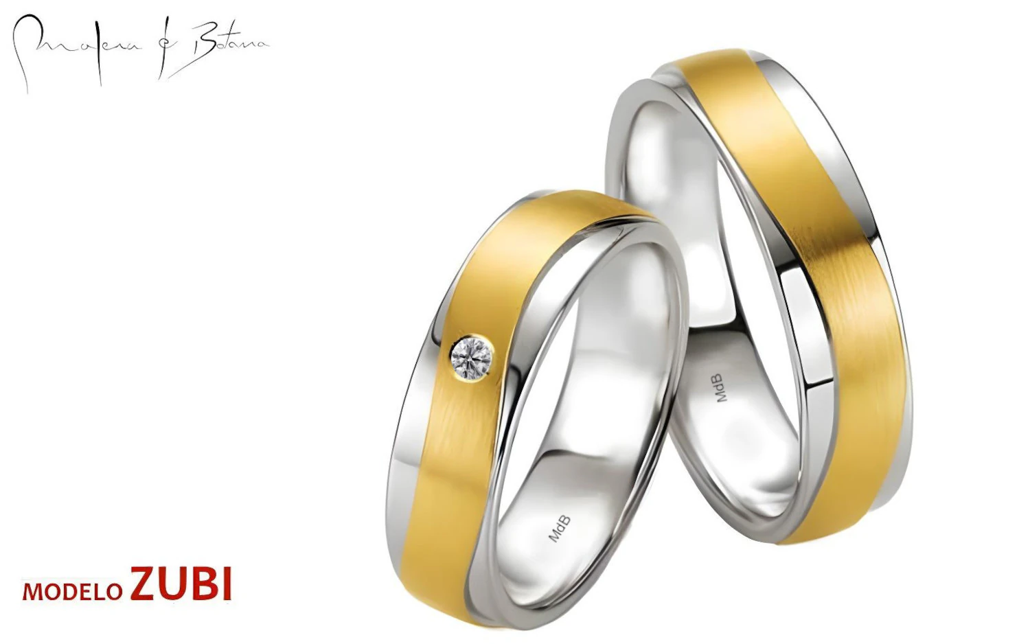 Par de anillos de boda con base de oro blanco y franja central de oro amarillo mate. El anillo más delgado incluye un piedra engastada en la sección dorada.