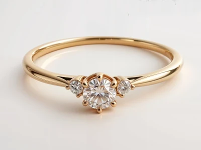 Anillo de promesa en oro 18k con diamante central y dos diamantes laterales, diseño clásico y delicado.