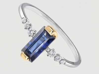 Anillo de promesa en oro 18k bicolor con piedra central azul rectangular y diamantes laterales, diseño contemporáneo.