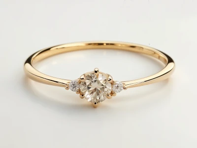 Anillo de promesa en oro amarillo 18k con piedra central y dos piedras laterales engastados en banda fina.