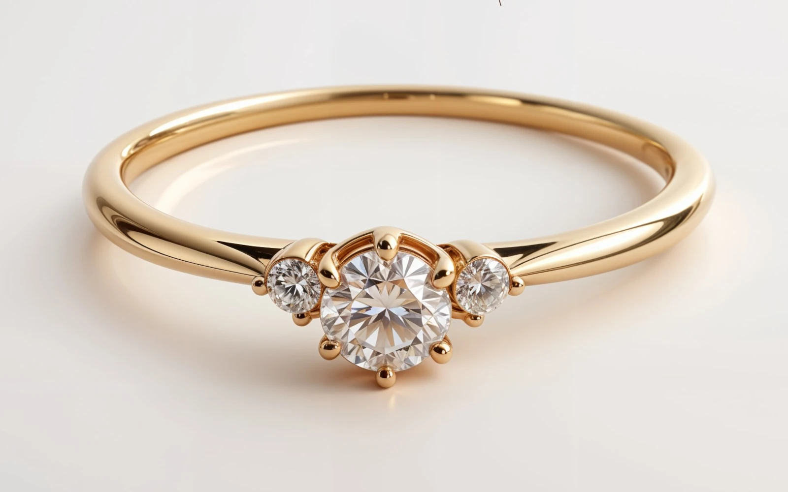 Anillo de promesa en oro 18k con diamante central y dos diamantes laterales, diseño clásico y delicado.