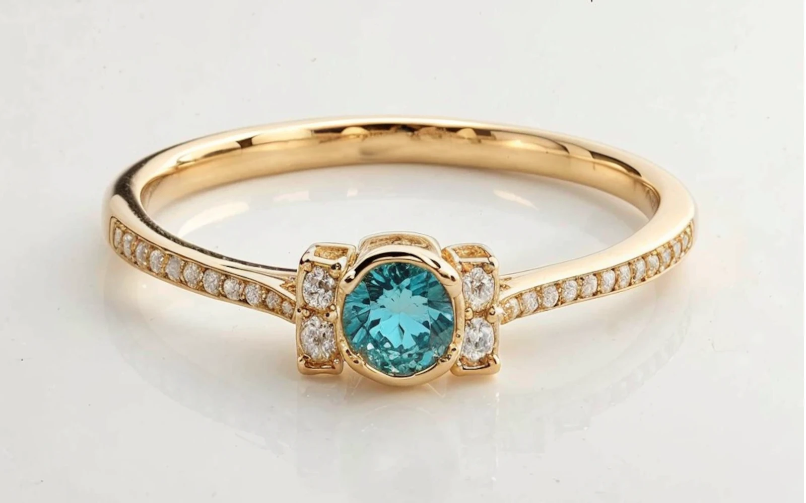 Anillo de promesa en oro amarillo 18k con piedra central azul verdosa y pidras laterales engastados en carril.