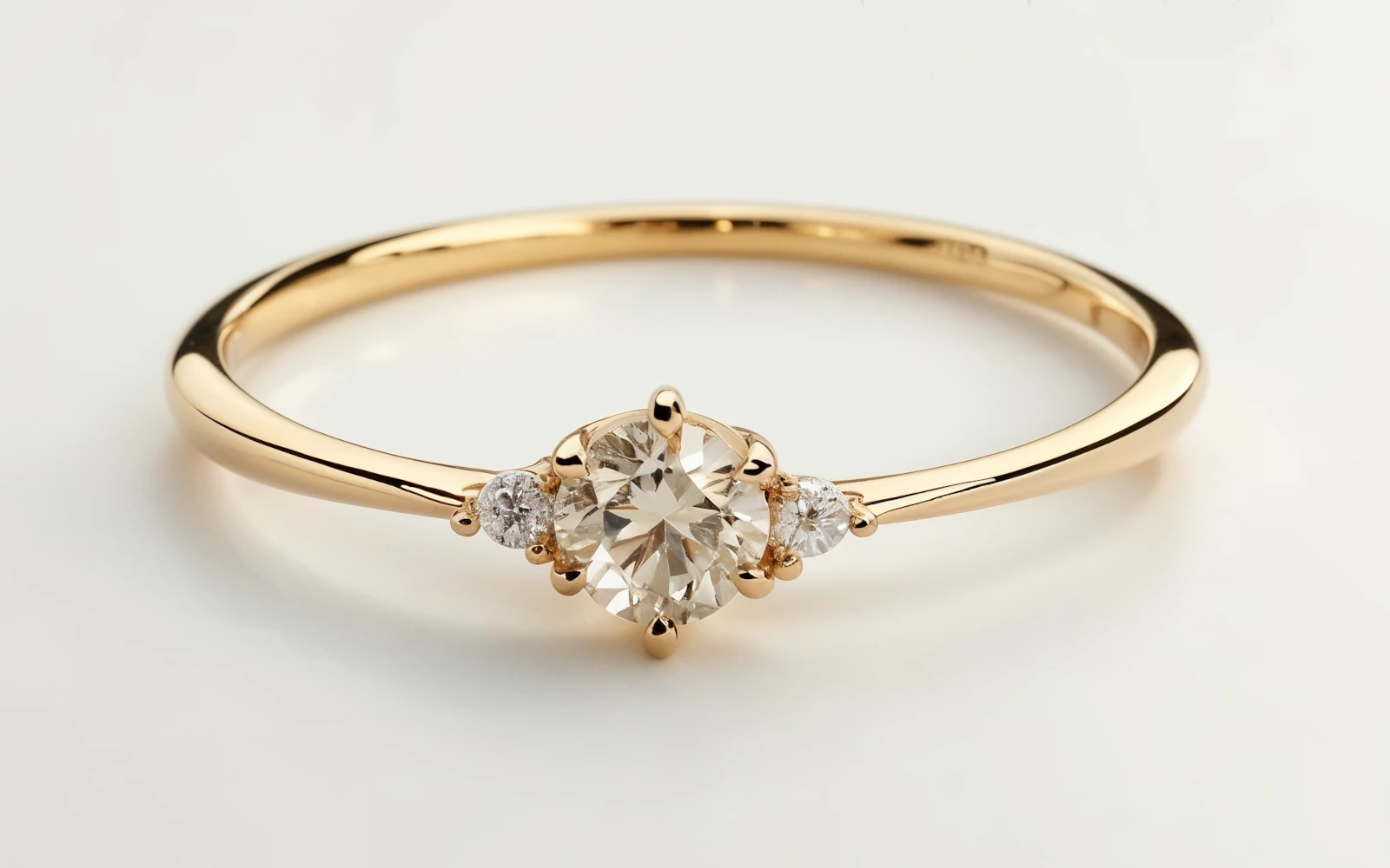 Anillo de promesa en oro amarillo 18k con piedra central y dos piedras laterales engastados en banda fina.