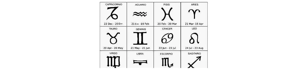 Tabla con los doce signos del zodíaco y sus glifos correspondientes, junto a sus fechas de inicio y fin. Esta imagen sirve como referencia visual para el artículo Las Gemas y los Signos del Zodiaco, facilitando la identificación de cada signo y su periodo en el calendario gregoriano. Se utilizará para explorar la relación entre los signos y las gemas asociadas.
