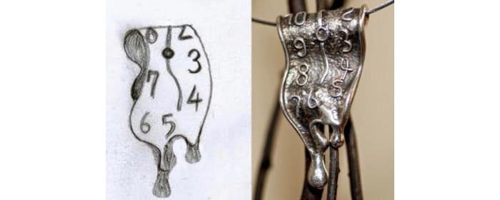 Representación visual del concepto de prefiguración. Se muestra la transición de un boceto a mano de un reloj derretido a una joya de plata con el mismo diseño. La imagen destaca la materialización de una idea inicial, simbolizando la prefiguración como la anticipación tangible de un concepto abstracto.