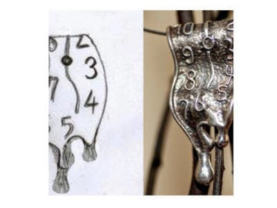 Representación visual del concepto de prefiguración. Se muestra la transición de un boceto a mano de un reloj derretido a una joya de plata con el mismo diseño. La imagen destaca la materialización de una idea inicial, simbolizando la prefiguración como la anticipación tangible de un concepto abstracto.