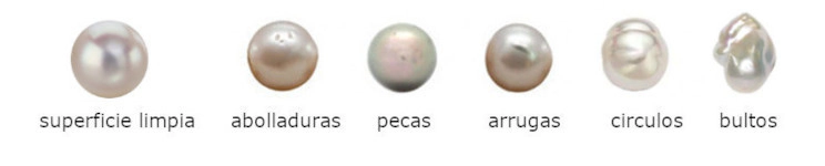Esta imagen ilustra las diferentes imperfecciones superficiales que se pueden encontrar en las perlas, tanto naturales como cultivadas. Estas imperfecciones, aunque a veces se consideran defectos, también pueden ser una señal de autenticidad y añadir carácter a la perla. La superficie de una perla raramente es perfecta, y la presencia y tipo de imperfecciones influyen en su valor.