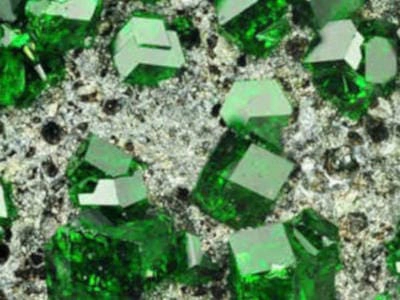 Macrofotografía de cristales de esmeralda de color verde intenso sobre una matriz rocosa. Los cristales muestran su característico hábito hexagonal y brillo vítreo. La matriz, de color gris claro o blanquecino, contrasta con el verde vibrante de las esmeraldas, realzando su belleza natural.
