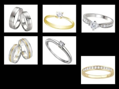 Variedad de anillos de boda y compromiso Una imagen compuesta que muestra seis anillos diferentes, incluyendo anillos de boda y anillos de compromiso en varios estilos y metales. Se pueden observar anillos lisos, anillos con incrustaciones de diamantes, anillos de oro amarillo y anillos de oro blanco. La imagen proporciona una muestra de las diferentes opciones disponibles para las parejas que buscan anillos de boda o compromiso.